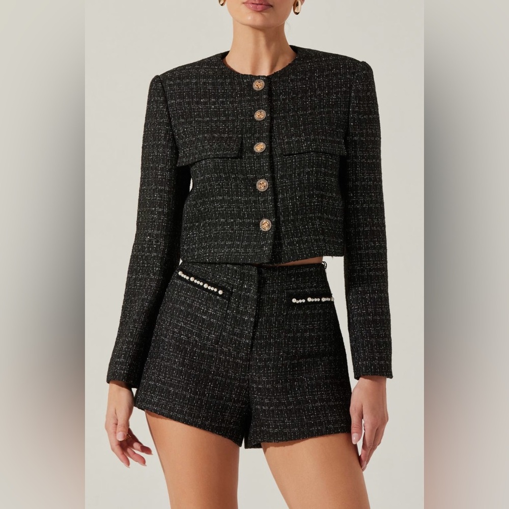 ASTR the Label Tweed Crop Jacket (XS; Black Tweed)